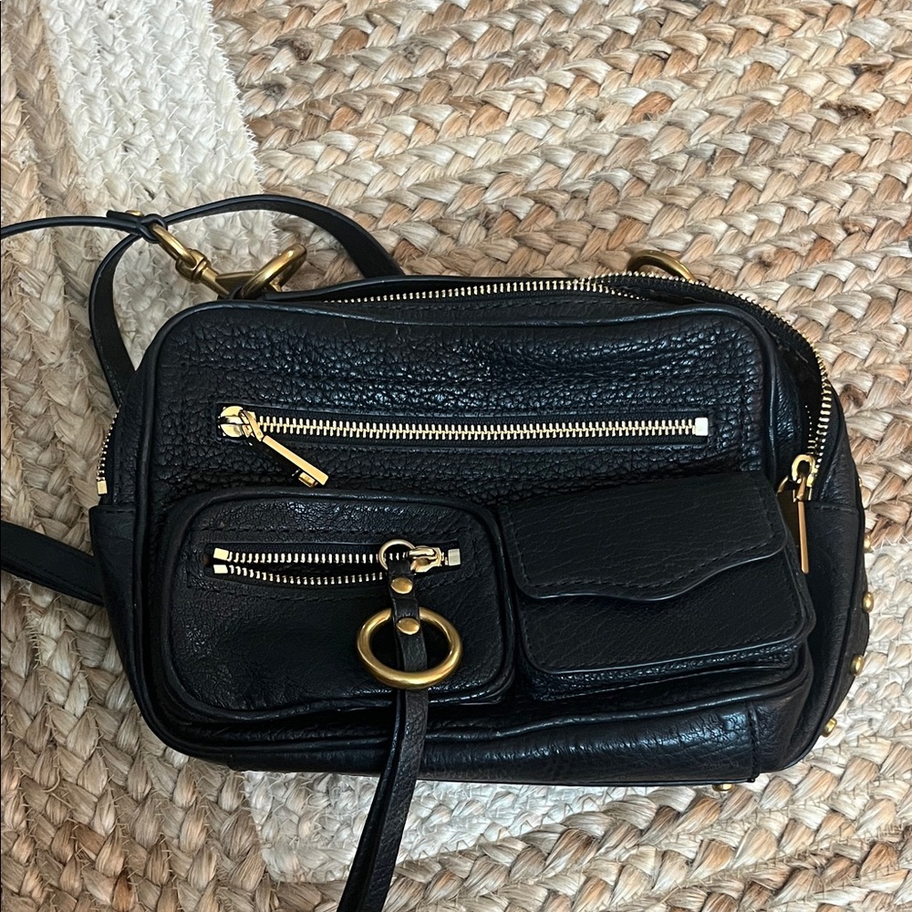 Rebecca Minkoff Black Leather Crossbody Bag with Gold Accents